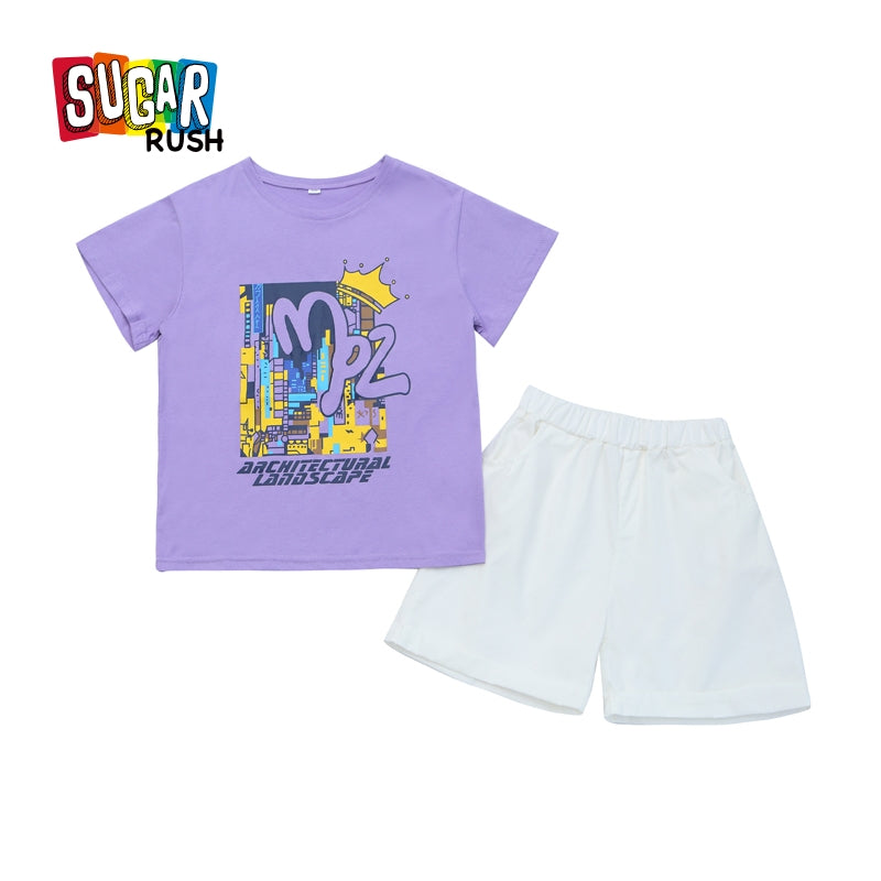 Girls Purple & White Printed T-shirt with Shorts