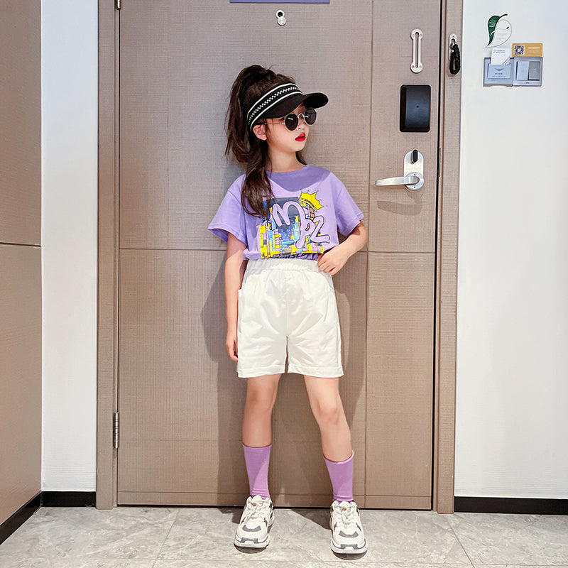 Girls Purple & White Printed T-shirt with Shorts