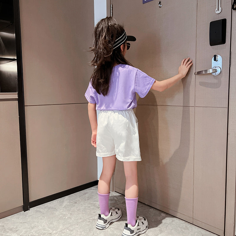 Girls Purple & White Printed T-shirt with Shorts