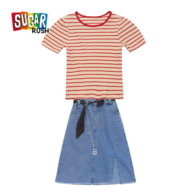 Girls Striped Top With Skirt