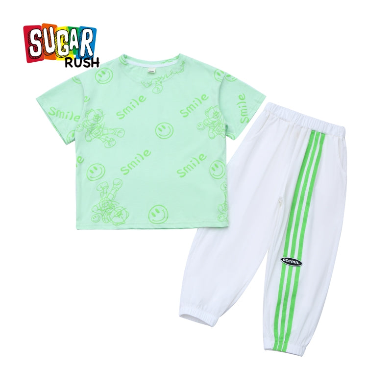 Girls Green & white Printed Top with Pyjamas