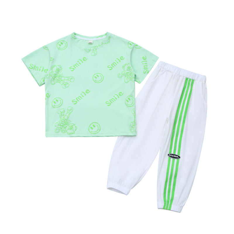 Girls Green & white Printed Top with Pyjamas