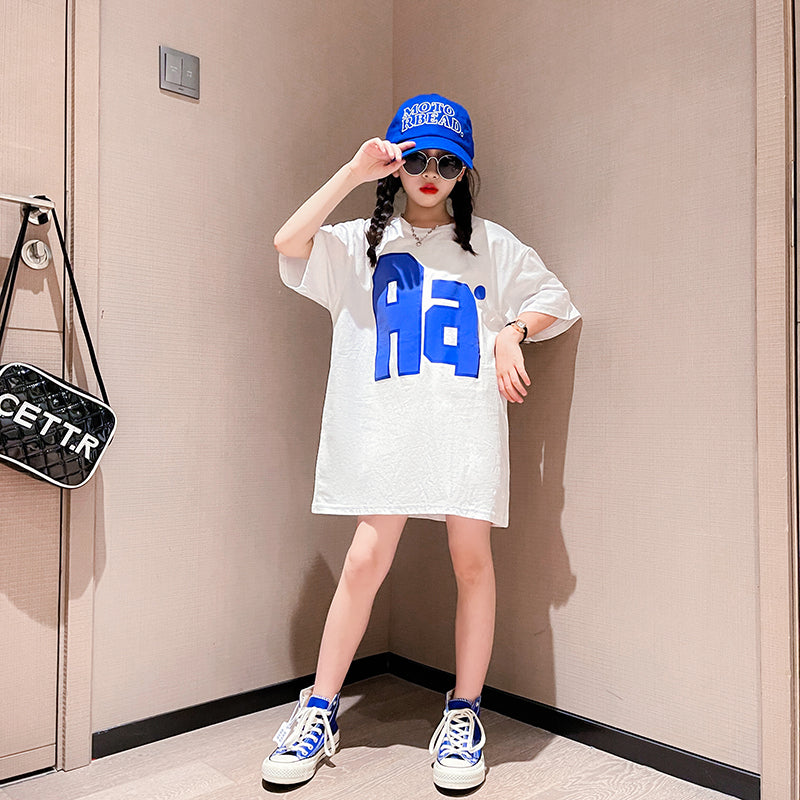 Girls White Alphanumeric Printed Cotton T-shirt Dress
