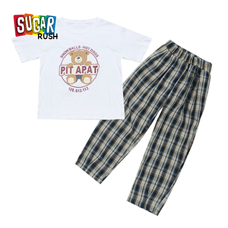 Girls White & Beige Printed Pure Cotton T-shirt with Checked Pyjamas
