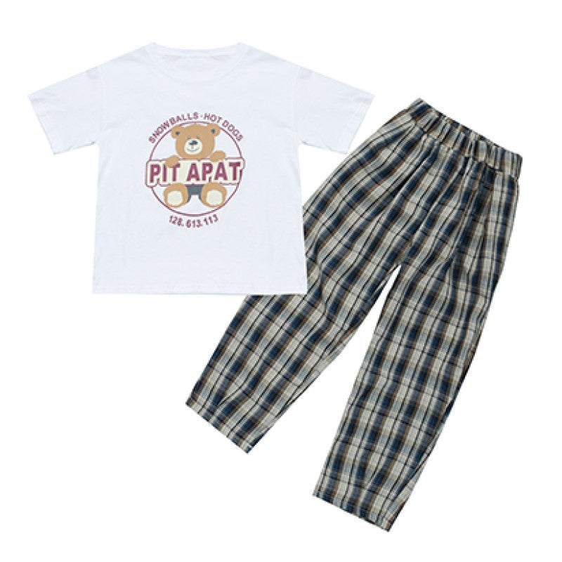 Girls White & Beige Printed Pure Cotton T-shirt with Checked Pyjamas