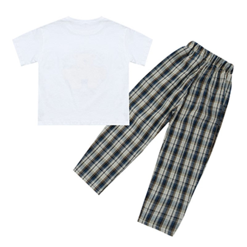 Girls White & Beige Printed Pure Cotton T-shirt with Checked Pyjamas