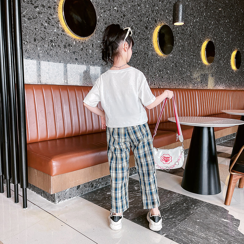 Girls White & Beige Printed Pure Cotton T-shirt with Checked Pyjamas