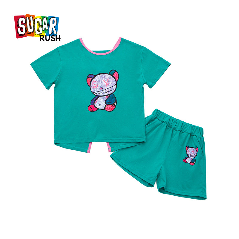 Girls Blue & Grey Printed Pure Cotton T-shirt With Shorts