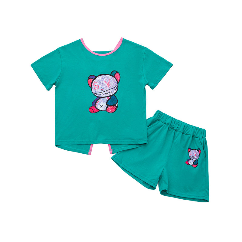 Girls Blue & Grey Printed Pure Cotton T-shirt With Shorts