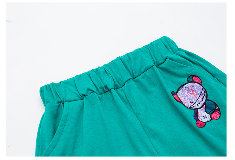 Girls Blue & Grey Printed Pure Cotton T-shirt With Shorts