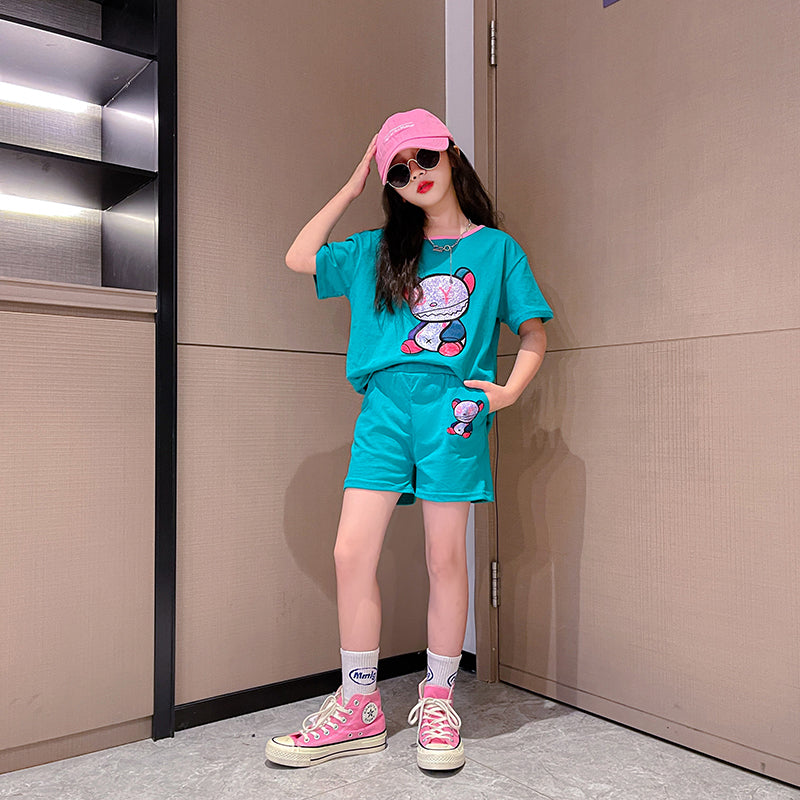 Girls Blue & Grey Printed Pure Cotton T-shirt With Shorts