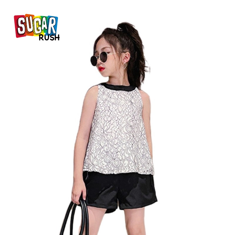 Girls White & Black Printed Top with Shorts