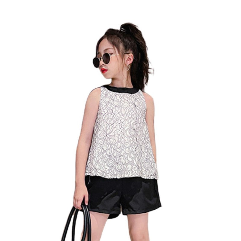 Girls White & Black Printed Top with Shorts
