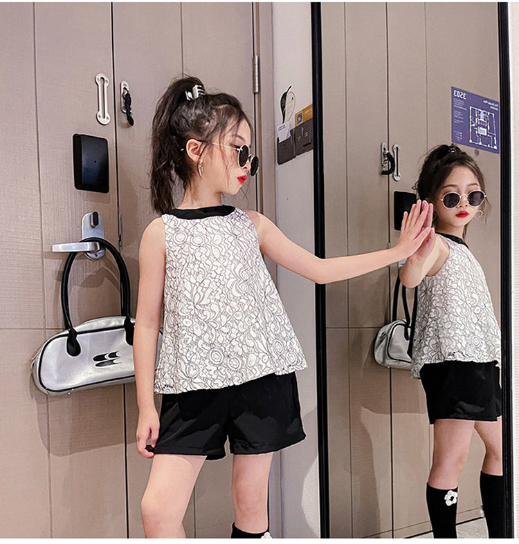 Girls White & Black Printed Top with Shorts