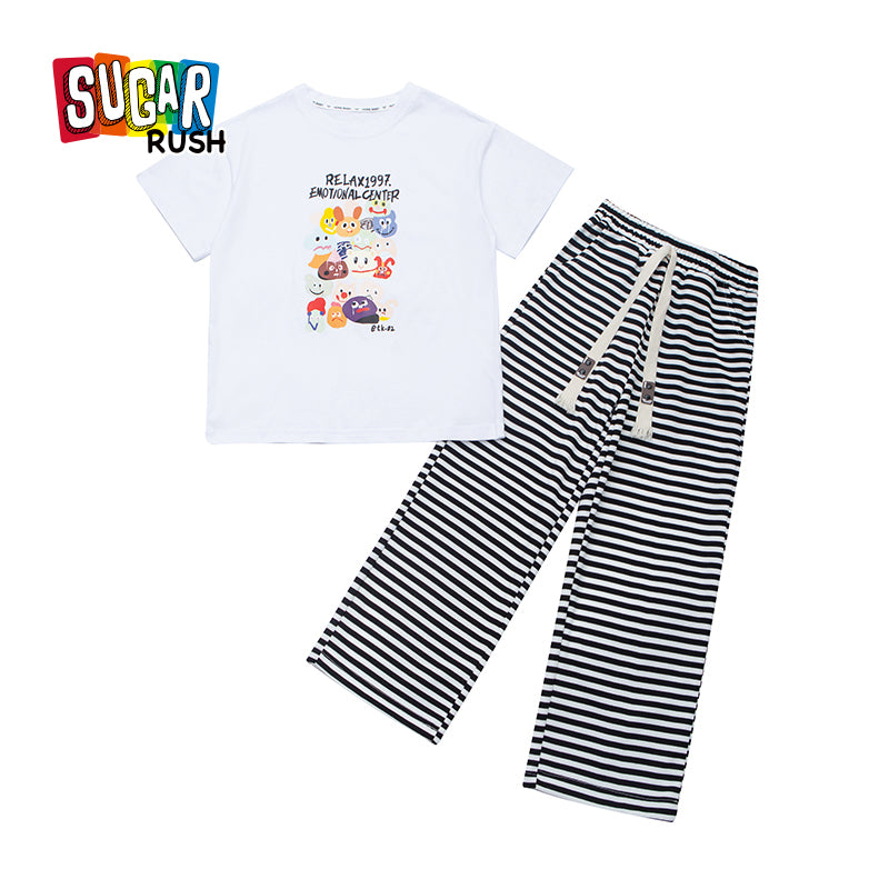 Girls White Printed Pure Cotton T-shirt with Pyjamas