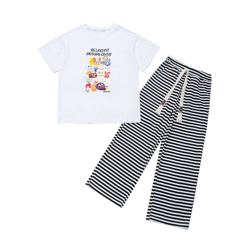 Girls White Printed Pure Cotton T-shirt with Pyjamas