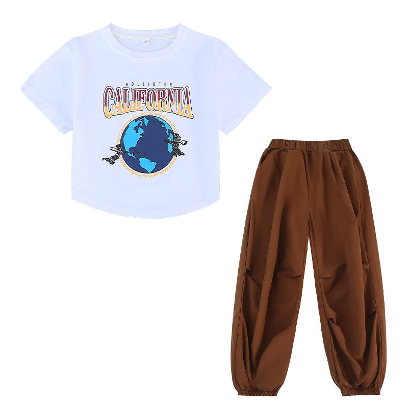 Girls White Printed Pure Cotton T-shirt with Trouser