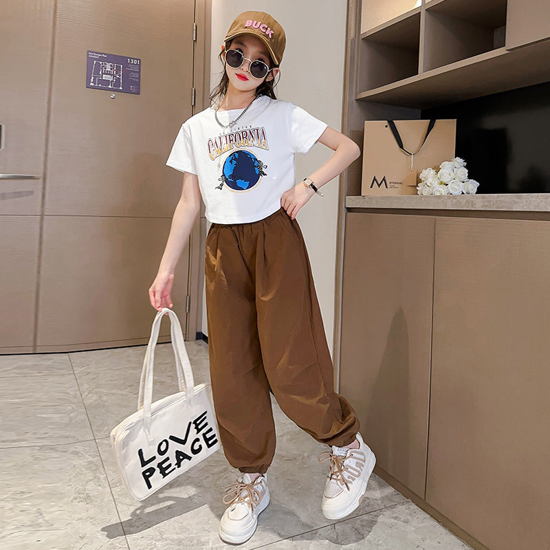 Girls White Printed Pure Cotton T-shirt with Trouser