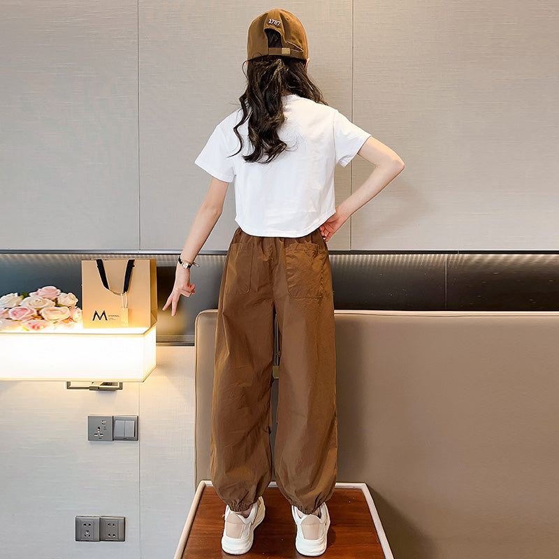 Girls White Printed Pure Cotton T-shirt with Trouser