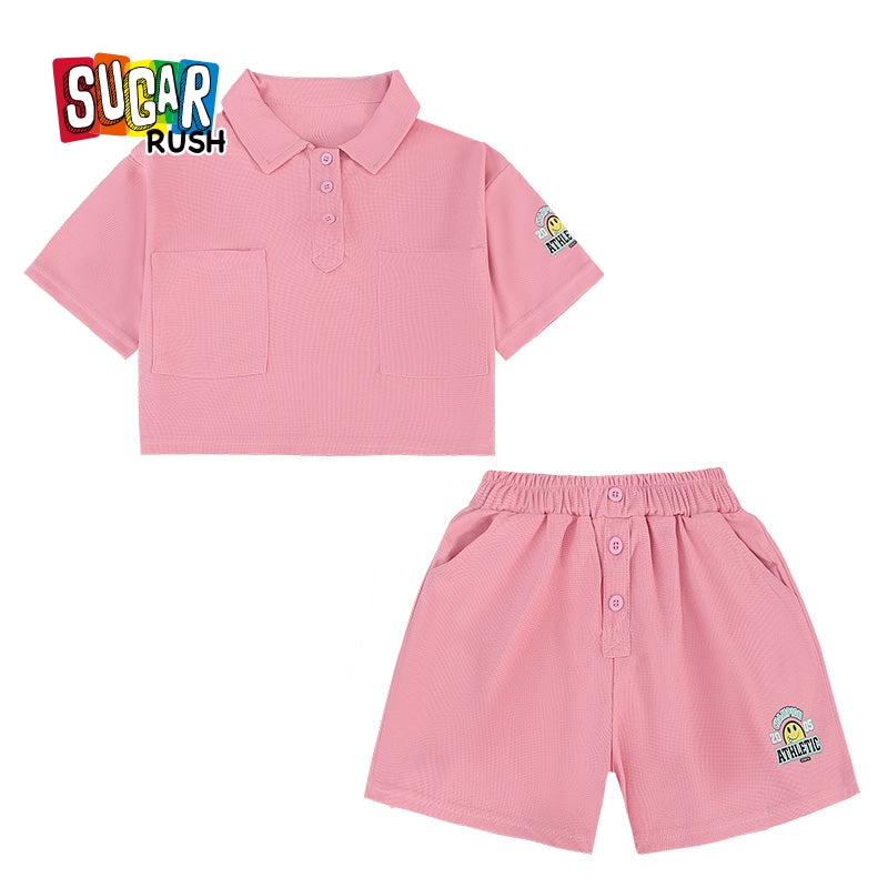 Girls Polo Collar Short Sleeves Printed T-shirt with Shorts