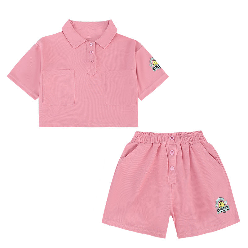 Girls Polo Collar Short Sleeves Printed T-shirt with Shorts