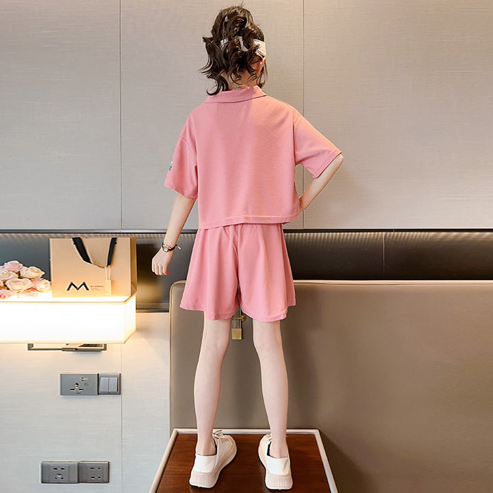 Girls Polo Collar Short Sleeves Printed T-shirt with Shorts