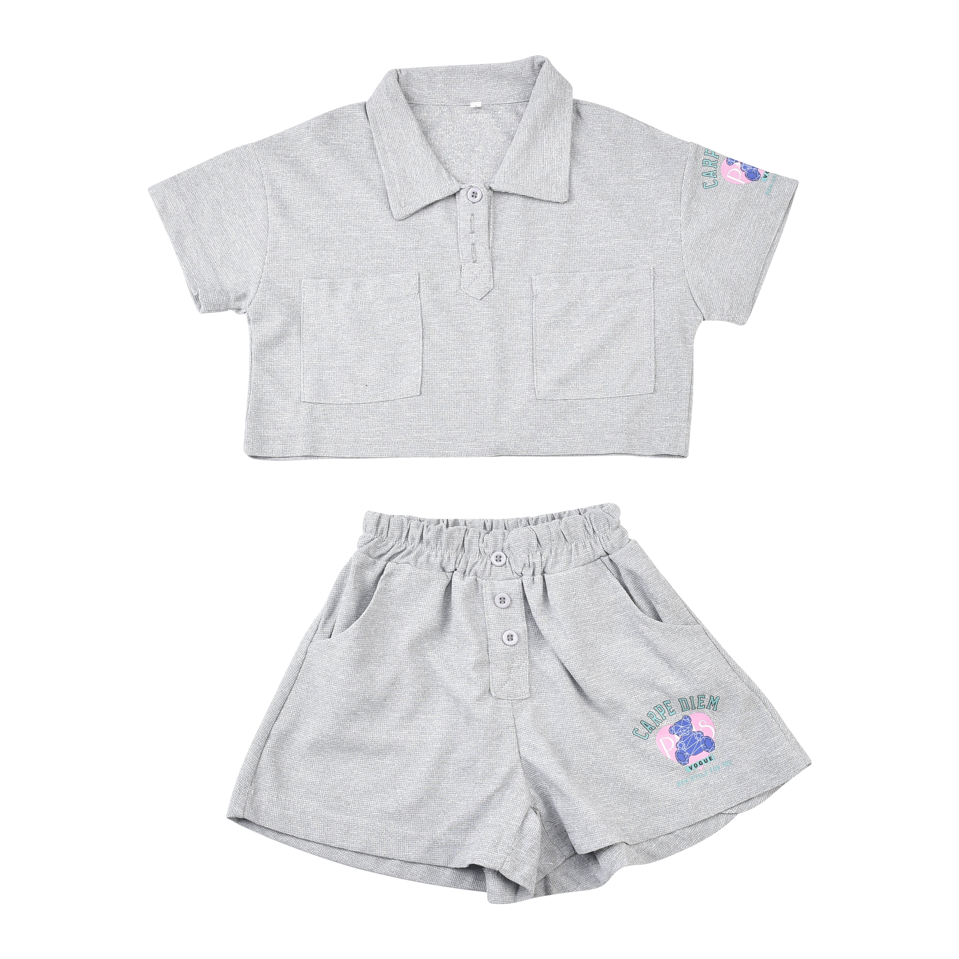 Girls Printed Polo Collar T-shirt with Shorts