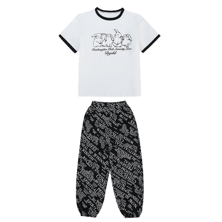 Girls Black & White Printed T-shirt with Pyjamas