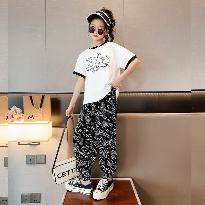 Girls Black & White Printed T-shirt with Pyjamas