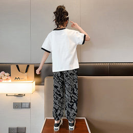 Girls Black & White Printed T-shirt with Pyjamas