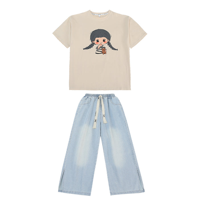 Girls Beige Printed Pure Cotton T-shirt With Trousers