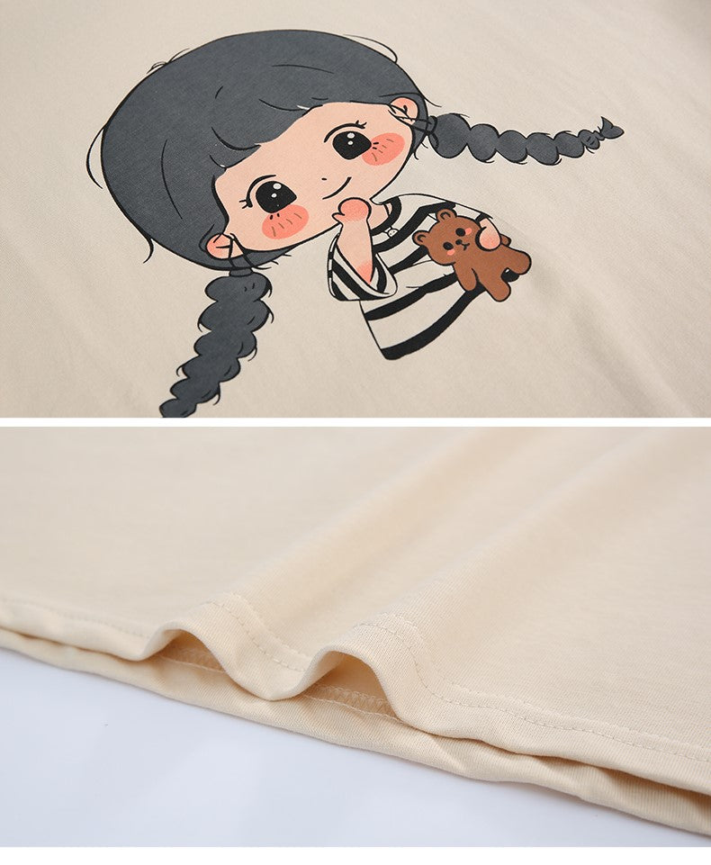 Girls Beige Printed Pure Cotton T-shirt With Trousers