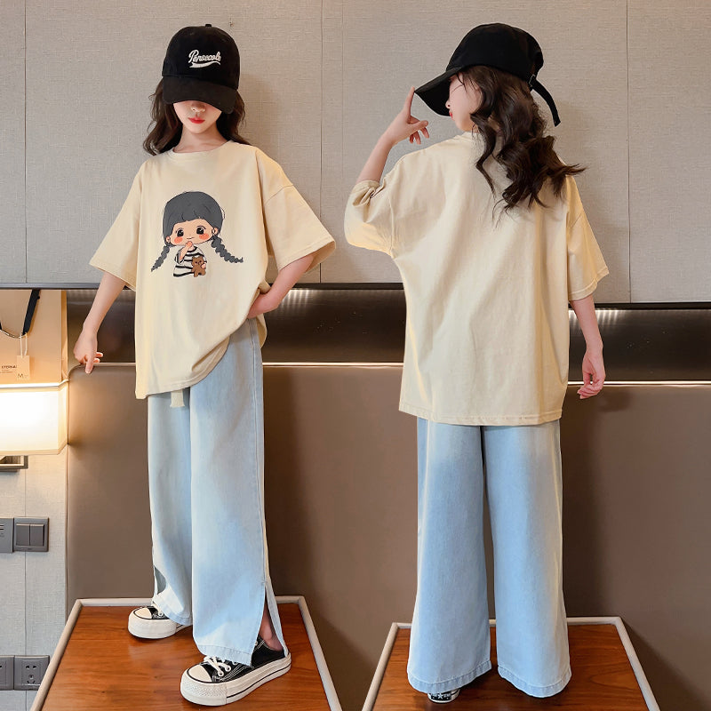 Girls Beige Printed Pure Cotton T-shirt With Trousers