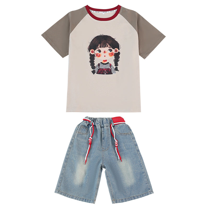 Girls Khaki Colourblocked Raglan Sleeves Pure Cotton T-shirt With Shorts