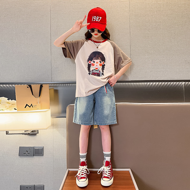Girls Khaki Colourblocked Raglan Sleeves Pure Cotton T-shirt With Shorts