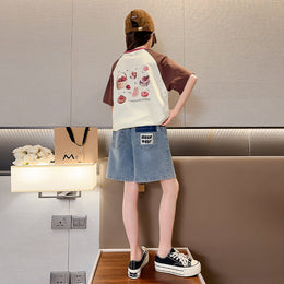 Girls Brown Printed Pure Cotton T-shirt With Shorts