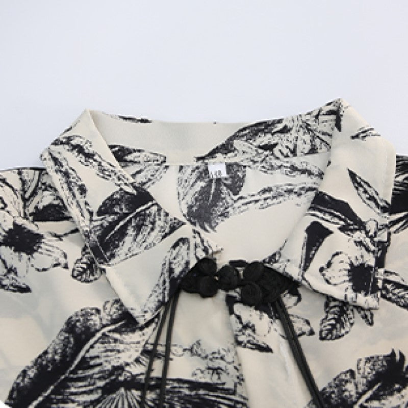 Girls Black Floral Printed Shirt Collar Top with Trousers