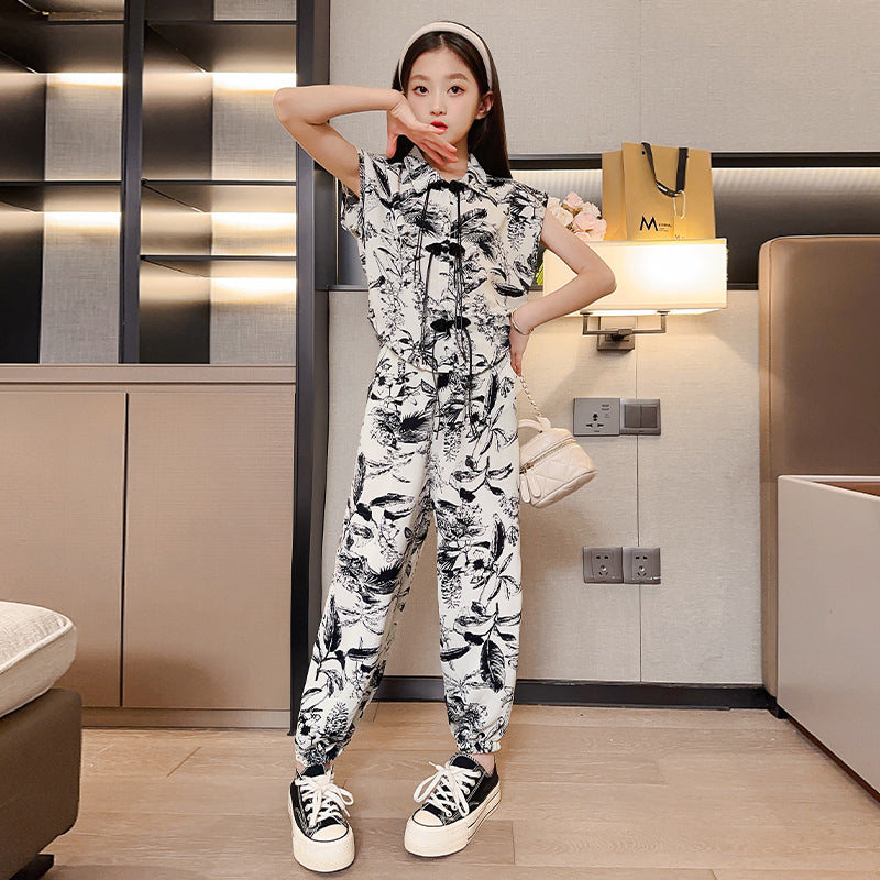 Girls Black Floral Printed Shirt Collar Top with Trousers