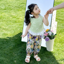 Girls Printed Sleeveless Top With Trousers