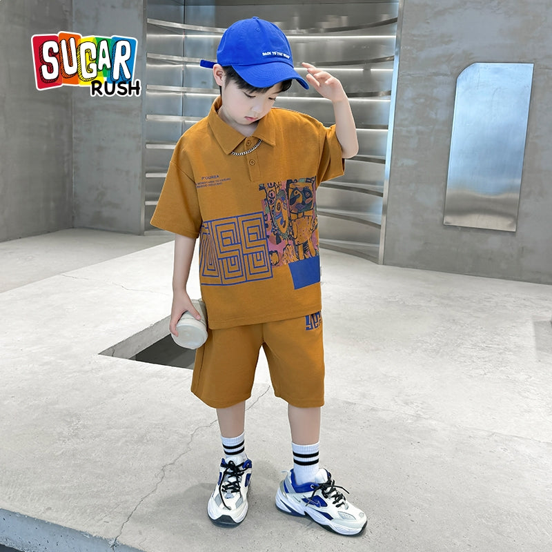 Boys Abstract Printed Polo Collar Pure Cotton T-shirt With Shorts
