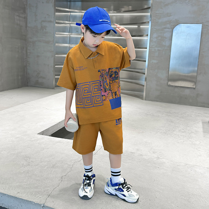 Boys Abstract Printed Polo Collar Pure Cotton T-shirt With Shorts