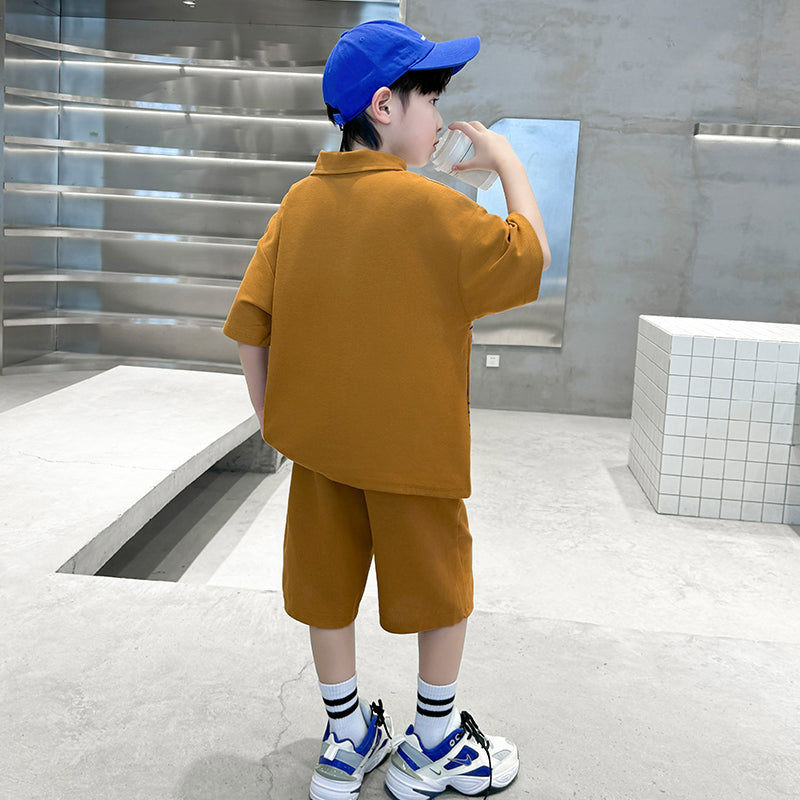 Boys Abstract Printed Polo Collar Pure Cotton T-shirt With Shorts
