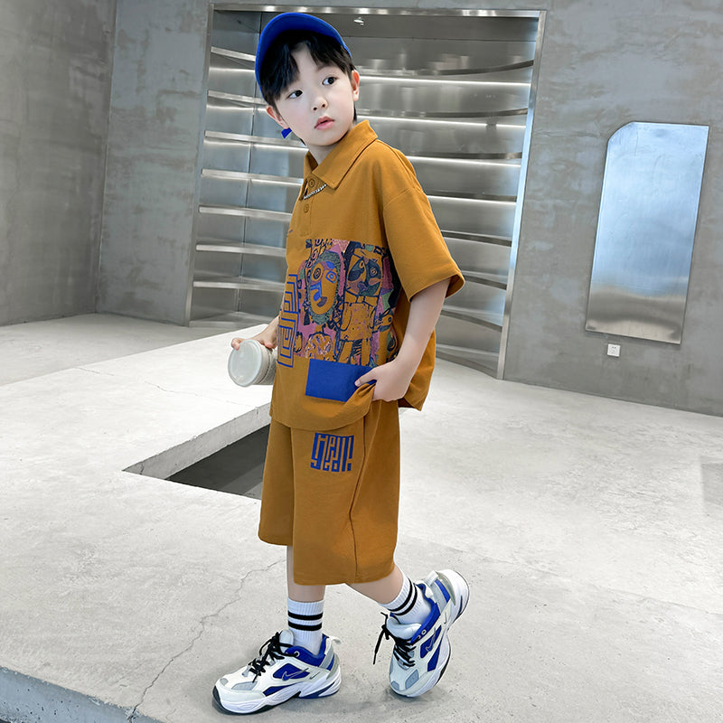 Boys Abstract Printed Polo Collar Pure Cotton T-shirt With Shorts