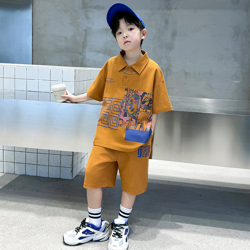 Boys Abstract Printed Polo Collar Pure Cotton T-shirt With Shorts