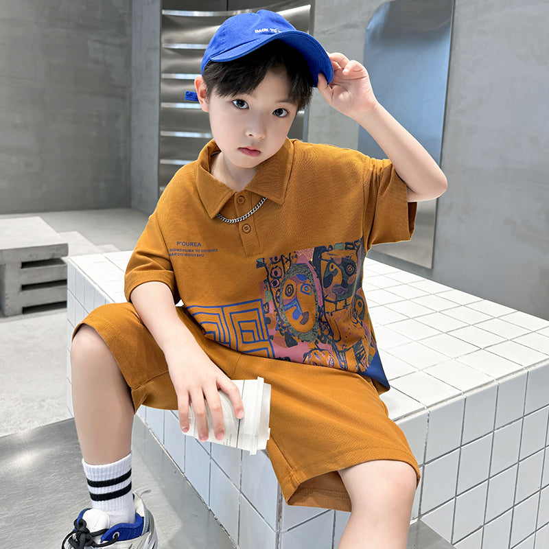 Boys Abstract Printed Polo Collar Pure Cotton T-shirt With Shorts