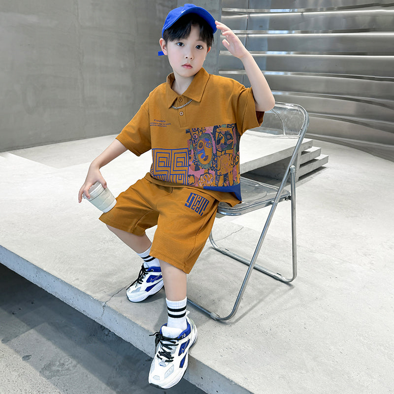 Boys Abstract Printed Polo Collar Pure Cotton T-shirt With Shorts