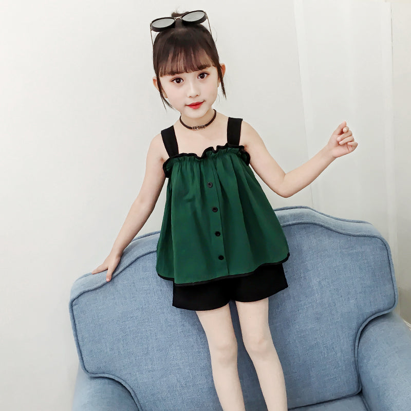 Girls Shoulder Straps Sleeveless Top With Shorts