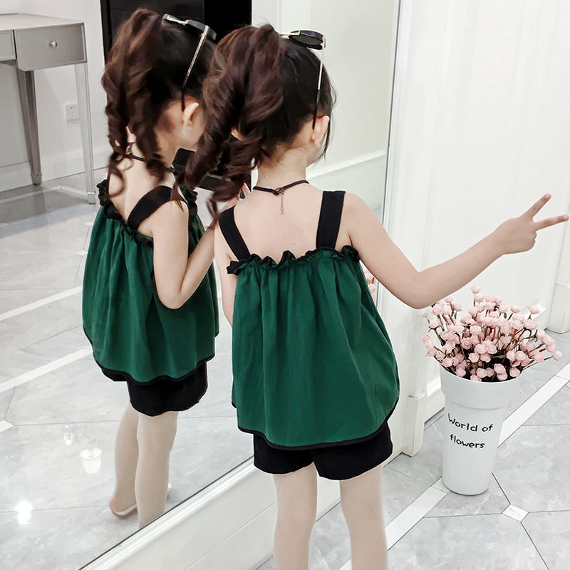 Girls Shoulder Straps Sleeveless Top With Shorts