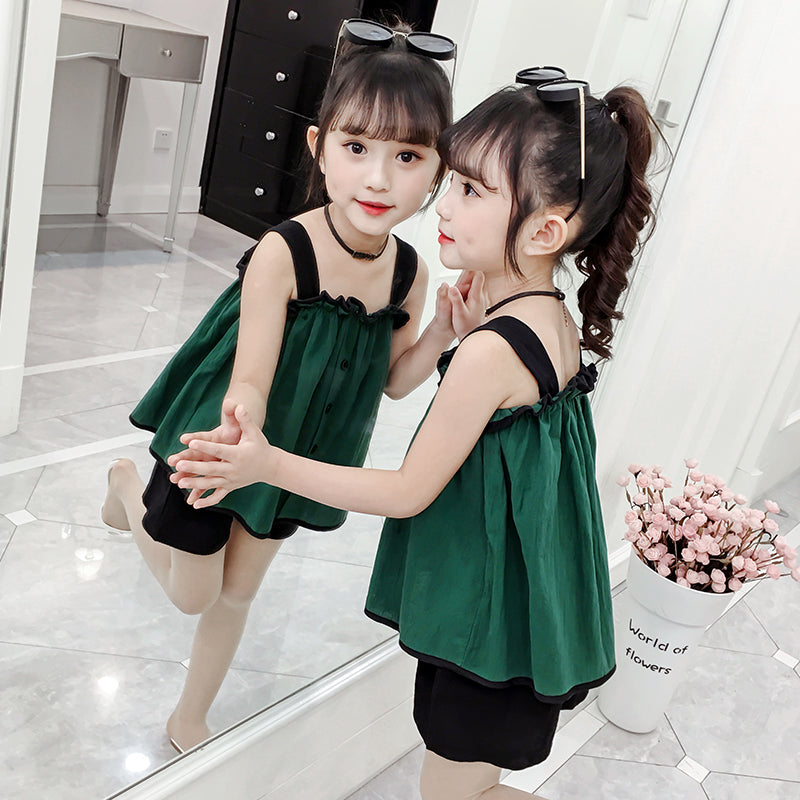 Girls Shoulder Straps Sleeveless Top With Shorts