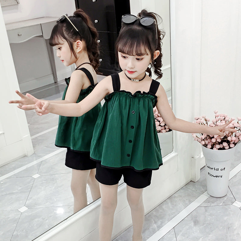 Girls Shoulder Straps Sleeveless Top With Shorts